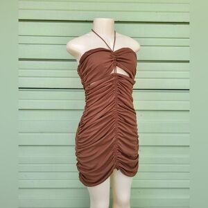 ZARA BROWN DRAPED DRESS Mini Straps Tie Size XS